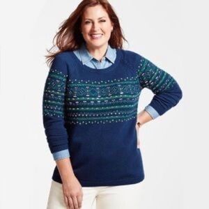 Talbots Sweater Plus Size X Blue Green Pink Fair Isle Jeweled Wool Crew New NWT
